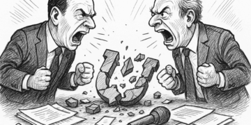 Zwei Männer im Anzug schreien sich an, zwischen ihnen ein zerbrochenes Werteunion-Logo als Symbol, verstreute Papiere und ein Mikrofon im Chaos.