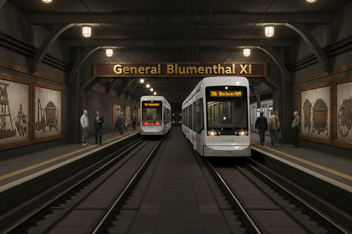 Seilbahn Herne: Der teuerste Blödsinn, den eine Stadt, die sich seit mehr als vier Jahrzehnten in der Haushaltssicherung befindet, erdenken kann U-Bahnhof General Blumenthal XI, Herne, Bergbau-Thematik, Straßenbahn, Ruhrgebiet, fiktiver Bahnhof.