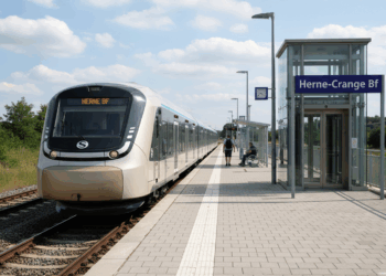 Bahnsteig und Zug im fiktiven S-Bahn-Haltepunkt Herne-Crange (Bf).