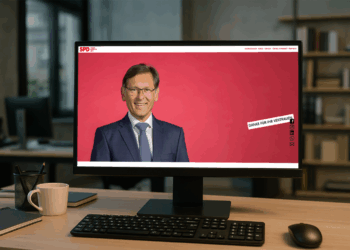 PC-Bildschirm in einem Redaktionsbüro zeigt eine Wahlkampfanzeige mit dem Porträt von SPD-Oberbürgermeisterkandidat Dr. Frank Dudda.