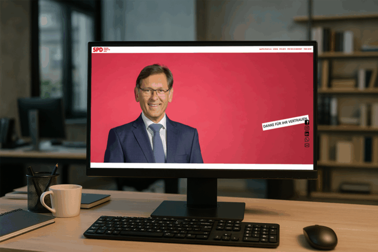 PC-Bildschirm in einem Redaktionsbüro zeigt eine Wahlkampfanzeige mit dem Porträt von SPD-Oberbürgermeisterkandidat Dr. Frank Dudda.