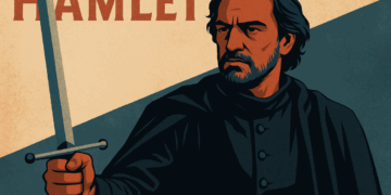 Stilisierte Illustration von Hamlet mit Schwert im Querformat.