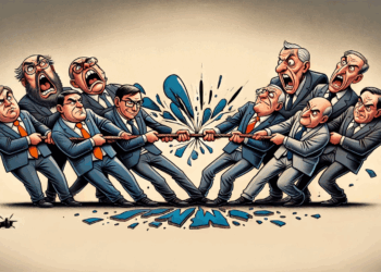 Karikatur: Innerparteilicher Machtkampf in der WerteUnion – zerstrittene Vorstandsmitglieder ziehen an einem Seil, Symbol für das politische Chaos um Hans-Georg Maaßen.