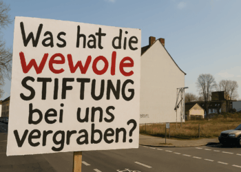 Protestschild an der Castroper Straße in Herne mit der Aufschrift: 'Was hat die wewole STIFTUNG bei uns vergraben?', im Hintergrund Wohnhäuser und eine Brachfläche.