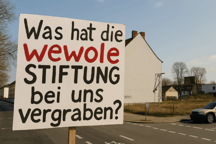Protestschild an der Castroper Straße in Herne mit der Aufschrift: 'Was hat die wewole STIFTUNG bei uns vergraben?', im Hintergrund Wohnhäuser und eine Brachfläche.