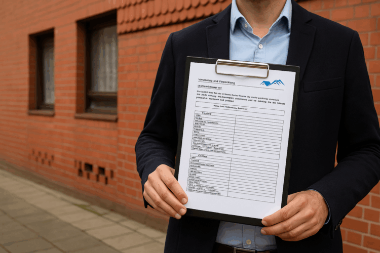 Person hält großes Klemmbrett mit Mieterselbstauskunft vor rotem Klinkerwohnhaus.