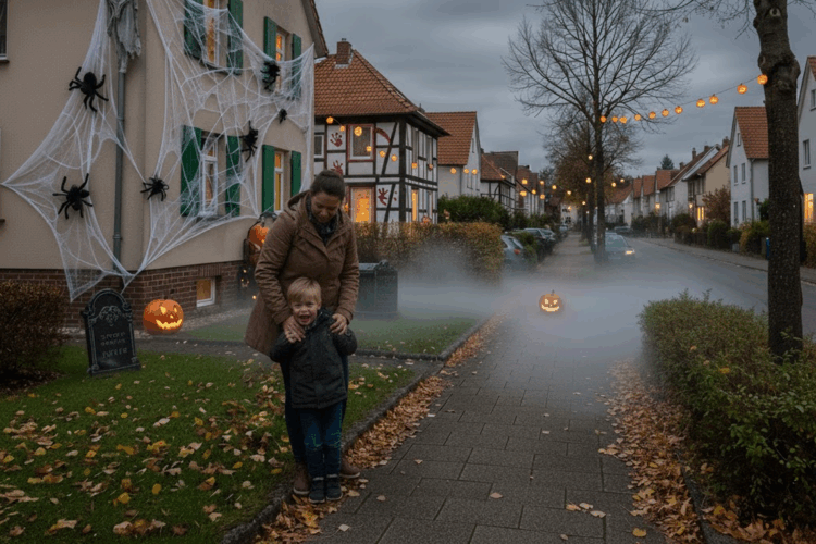 Halloween in der Teutoburgia: Rechte statt Rummel – Showdown am Verwaltungsgericht Ein Kind fürchtet sich vor der gruseligen Dekoration in der Nachbarschaft.