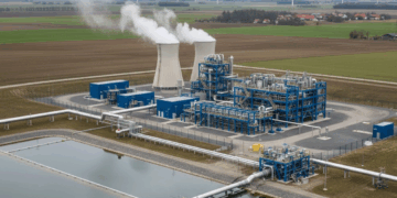 Eine Visualisierung zeigt eine mögliche Anlage zur Gewinnung von Lithium (DLE) in der Altmark, umgeben von landwirtschaftlichen Feldern und Windkraftanlagen. Diese Technologie soll Lithium aus tiefen Thermalwässern gewinnen.