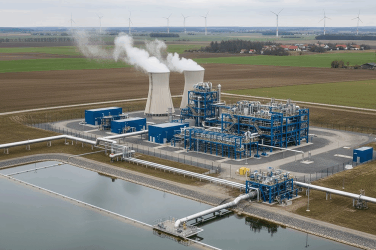 Eine Visualisierung zeigt eine mögliche Anlage zur Gewinnung von Lithium (DLE) in der Altmark, umgeben von landwirtschaftlichen Feldern und Windkraftanlagen. Diese Technologie soll Lithium aus tiefen Thermalwässern gewinnen.