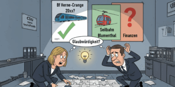 Zwei CDU-Stadtverordnete – ein Mann und eine Frau – sitzen auf dem Boden der CDU-Geschäftsstelle in Herne und versuchen, das Puzzle „Koalitionsvertrag“ zu lösen; Plakate an der Wand spiegeln den Wahlkampf wider.