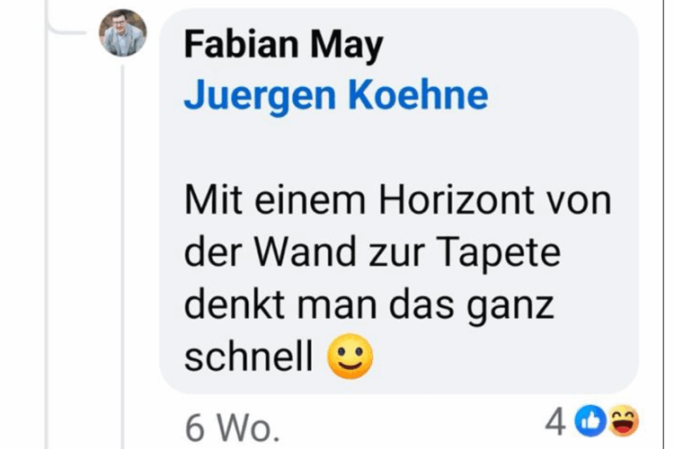 Ein öffentlicher Kommentar mit potenziell ehrverletzendem Inhalt: 'Mit einem Horizont von der Wand zur Tapete denkt man das ganz schnell' – veröffentlicht auf Facebook.