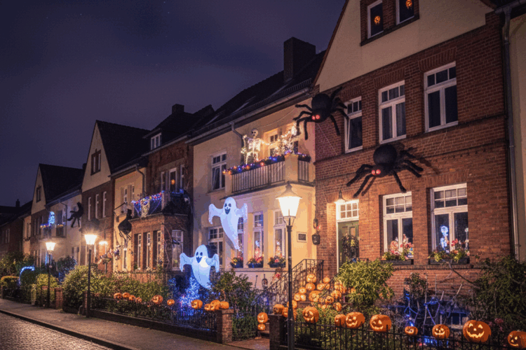 Häuser der Siedlung Teutoburgia in Herne bei Nacht, mit übertriebener Halloween-Dekoration und warmem Laternenlicht.