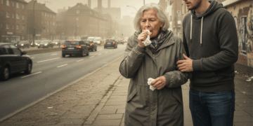 Alte Frau hustet in ein Taschentuch, während ein junger Mann ihr besorgt ansieht, mit einer staubigen Stadtlandschaft im Hintergrund.