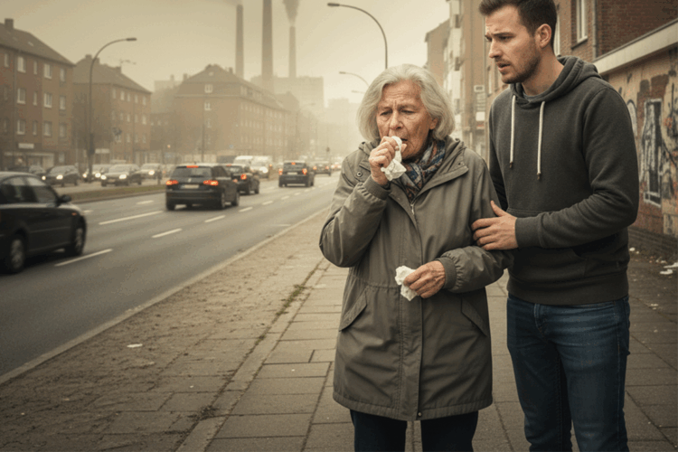 Alte Frau hustet in ein Taschentuch, während ein junger Mann ihr besorgt ansieht, mit einer staubigen Stadtlandschaft im Hintergrund.