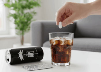 Eine Hand hält eine weiße Tablette über einem Glas Cola mit Eiswürfeln. Daneben liegt eine leere Afri-Cola-Dose und ein Blister mit Tabletten.