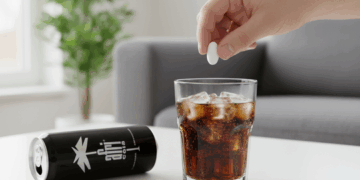Eine Hand hält eine weiße Tablette über einem Glas Cola mit Eiswürfeln. Daneben liegt eine leere Afri-Cola-Dose und ein Blister mit Tabletten.