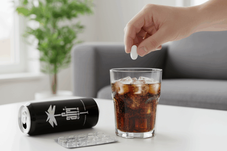 Eine Hand hält eine weiße Tablette über einem Glas Cola mit Eiswürfeln. Daneben liegt eine leere Afri-Cola-Dose und ein Blister mit Tabletten.