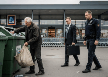 Finanzamt bittet Flaschensammler:innen zur Kasse – was wirklich gilt Ein älterer, wettergegerbter Mann sammelt Flaschen aus einem Mülleimer vor einem Aldi-Supermarkt, während sich ein Finanzbeamter und ein Polizist nähern.