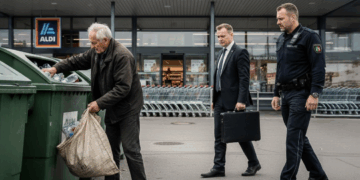 Ein älterer, wettergegerbter Mann sammelt Flaschen aus einem Mülleimer vor einem Aldi-Supermarkt, während sich ein Finanzbeamter und ein Polizist nähern.