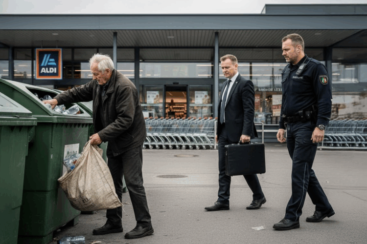 Ein älterer, wettergegerbter Mann sammelt Flaschen aus einem Mülleimer vor einem Aldi-Supermarkt, während sich ein Finanzbeamter und ein Polizist nähern.