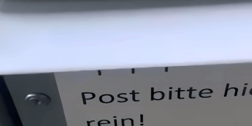 Fotografie eines Briefkastens mit Aufschrift 'Post bitte hier rein!'.