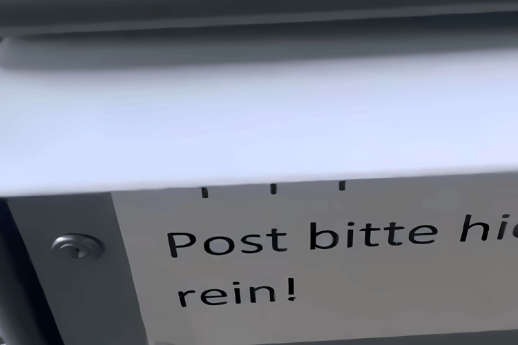 Fotografie eines Briefkastens mit Aufschrift 'Post bitte hier rein!'.