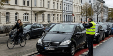 Falschparker-Portal Herne: Rechtlich und technisch möglich, verwaltungstechnisch überfällig Privatperson in Warnweste fotografiert falsch parkenden schwarzen Mercedes A-Klasse (HER NE 959) im Halteverbot in Herne.