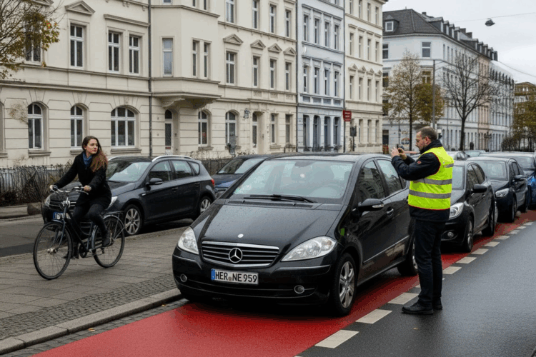 Privatperson in Warnweste fotografiert falsch parkenden schwarzen Mercedes A-Klasse (HER NE 959) im Halteverbot in Herne.