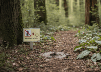 Ein Warnschild am Waldboden mit durchgestrichenem Piktogramm einer urinierenden Person und einer Zecke, Aufschrift: Wildpinkeln verboten! Ein Waldweg führt in den unscharfen Hintergrund.