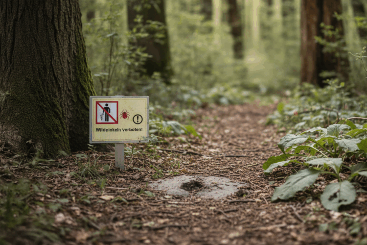 Ein Warnschild am Waldboden mit durchgestrichenem Piktogramm einer urinierenden Person und einer Zecke, Aufschrift: Wildpinkeln verboten! Ein Waldweg führt in den unscharfen Hintergrund.