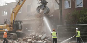 Abriss des alten Hallenbads Herne-Eickel: Ein großer Bagger reißt die Fassade des Backsteingebäudes ein. Arbeiter in Schutzkleidung sichern die Baustelle.