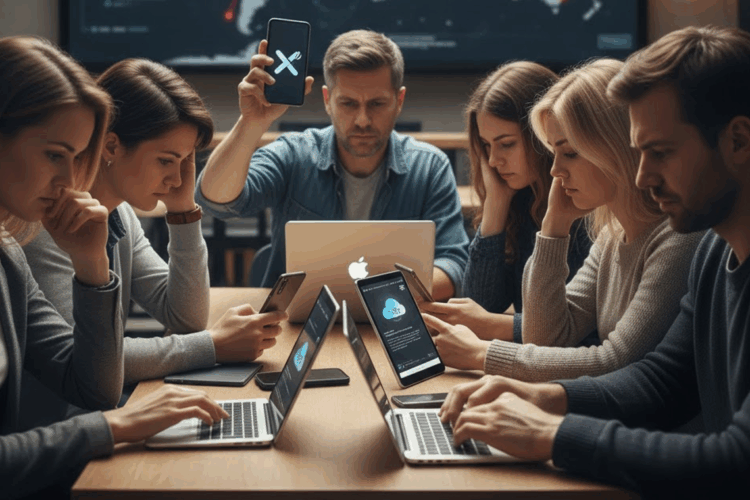 Digitaler Blackout: Cloudflare-Ausfall entblößt globale Internet-Abhängigkeit Besprechungsszene im Kontrollraum: Mehrere Personen sitzen um einen Tisch, frustriert über ihre Laptops und Smartphones, die Fehlermeldungen anzeigen. Im Hintergrund ist eine große, beleuchtete Weltkarte mit roten Hotspots zu sehen, die einen globalen Internetausfall oder eine Cloudflare-Störung visualisieren.