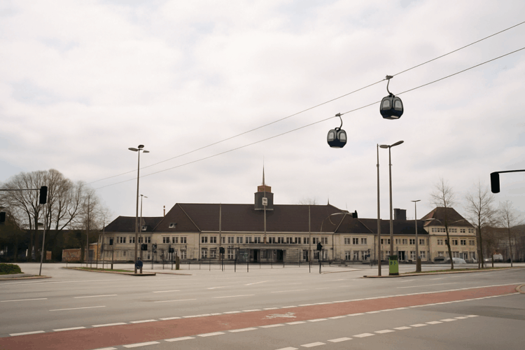 Seilbahn Herne: Der teuerste Blödsinn, den eine Stadt, die sich seit mehr als vier Jahrzehnten in der Haushaltssicherung befindet, erdenken kann Hauptbahnhof Wanne-Eickel (Herne) mit zwei Kabinen der urbanen Seilbahn, die über das Bahnhofsgebäude und den leeren Vorplatz schweben. Visualisierung des umstrittenen ÖPNV-Projekts General Blumenthal XI.