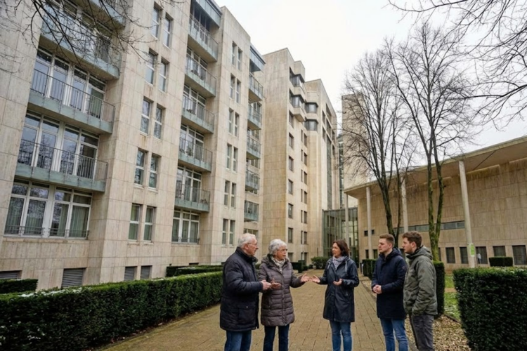 Besorgte Bürger vor dem St. Anna Hospital in Wanne-Eickel diskutieren über die Schließung der Geburtshilfe ab 2030.