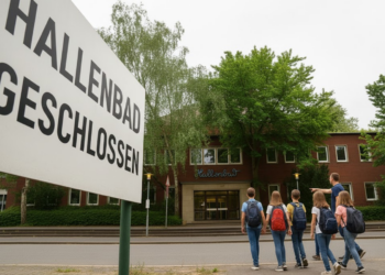 Schulschwimmen in Herne in Gefahr: Bürgerinitiative Hallenbad Eickel warnt vor Dominoeffekt Blick auf das alte, stillgelegte Hallenbad Eickel in Herne mit einem Schild „Hallenbad geschlossen“ und einer Gruppe von Kindern sowie einer Lehrkraft davor.