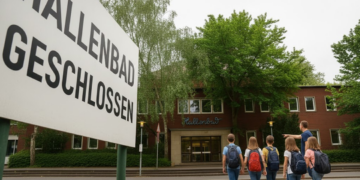 Schulschwimmen in Herne in Gefahr: Bürgerinitiative Hallenbad Eickel warnt vor Dominoeffekt Blick auf das alte, stillgelegte Hallenbad Eickel in Herne mit einem Schild „Hallenbad geschlossen“ und einer Gruppe von Kindern sowie einer Lehrkraft davor.