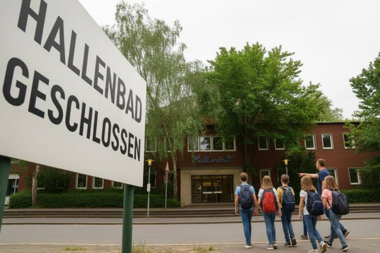 Schulschwimmen in Herne in Gefahr: Bürgerinitiative Hallenbad Eickel warnt vor Dominoeffekt Blick auf das alte, stillgelegte Hallenbad Eickel in Herne mit einem Schild „Hallenbad geschlossen“ und einer Gruppe von Kindern sowie einer Lehrkraft davor.