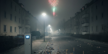 Nächtliche deutsche Wohnstraße im dichten Silvester-Smog mit einer Luftmessstation, Feuerwerksabfällen am Boden und einer Rakete am Himmel.