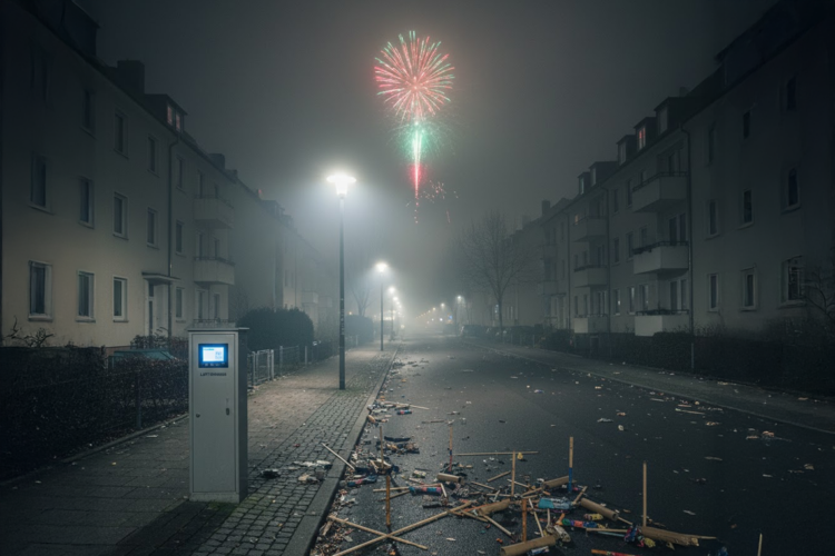 Nächtliche deutsche Wohnstraße im dichten Silvester-Smog mit einer Luftmessstation, Feuerwerksabfällen am Boden und einer Rakete am Himmel.