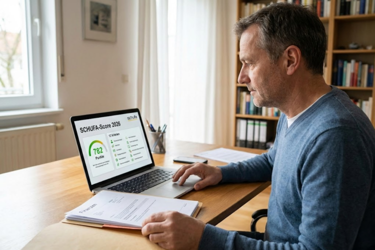 Mann arbeitet am Laptop an seinem Schufa-Score 2026.