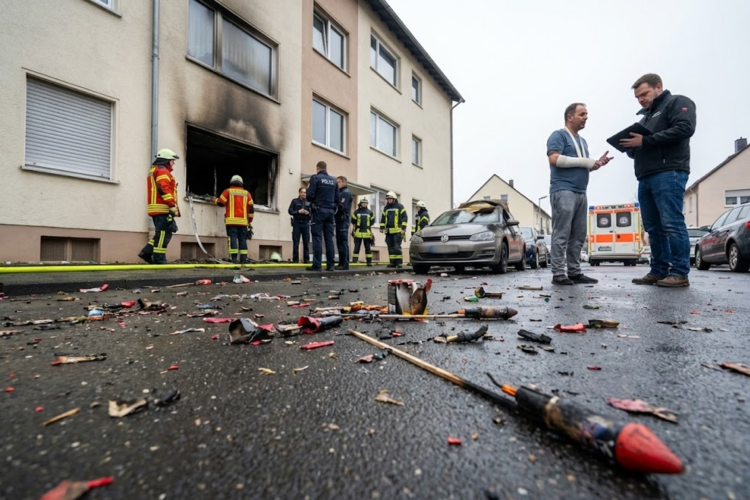 Polizei, Feuerwehr und Versicherung nach einem Brand in einer Wohnung zu Silvester 2026.