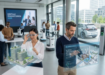 Digitale Trends 2026 – Wie Unternehmen den technologischen Wandel meistern Modernes Büro 2026: Menschen arbeiten mit VR-Brillen, Hologrammen und Robotern an digitalen Innovationen, im Hintergrund lädt ein E-Auto.