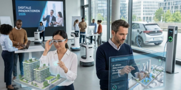 Modernes Büro 2026: Menschen arbeiten mit VR-Brillen, Hologrammen und Robotern an digitalen Innovationen, im Hintergrund lädt ein E-Auto.