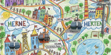 Bunte Kinderzeichnung eines Bürgervorschlags für eine urbane Seilbahn zwischen Herne und Herten mit lokalen Sehenswürdigkeiten.