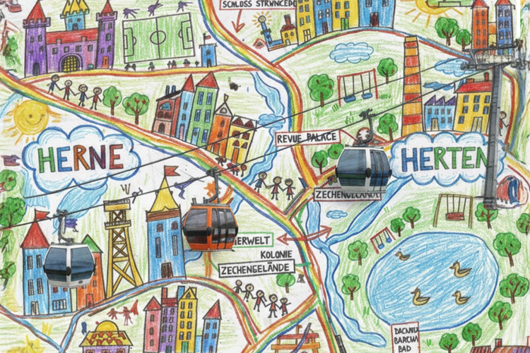 Seilbahn Herne – Herten: Bürgerplan fordert interkommunale Mobilitätswende Bunte Kinderzeichnung eines Bürgervorschlags für eine urbane Seilbahn zwischen Herne und Herten mit lokalen Sehenswürdigkeiten.