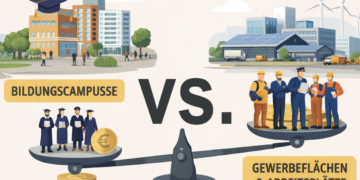 Vergleich von Bildungscampus und Gewerbeflächen auf einer Waage zur Darstellung der wirtschaftlichen Debatte um Stadtplanung in Herne.