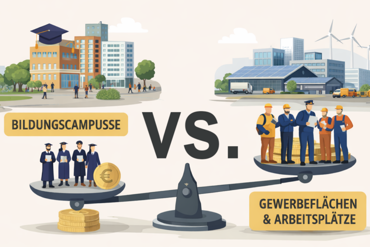 Vergleich von Bildungscampus und Gewerbeflächen auf einer Waage zur Darstellung der wirtschaftlichen Debatte um Stadtplanung in Herne.