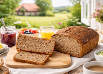 Modernes Frühstück im Landhaus: frisch geschnittenes Stefan´s Anti-Krebs-Brot (Vollkornbrot) auf Holzbrett, reich gedeckter Tisch und Blick ins Grüne durch das Fenster.