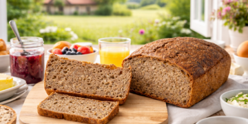 Modernes Frühstück im Landhaus: frisch geschnittenes Stefan´s Anti-Krebs-Brot (Vollkornbrot) auf Holzbrett, reich gedeckter Tisch und Blick ins Grüne durch das Fenster.