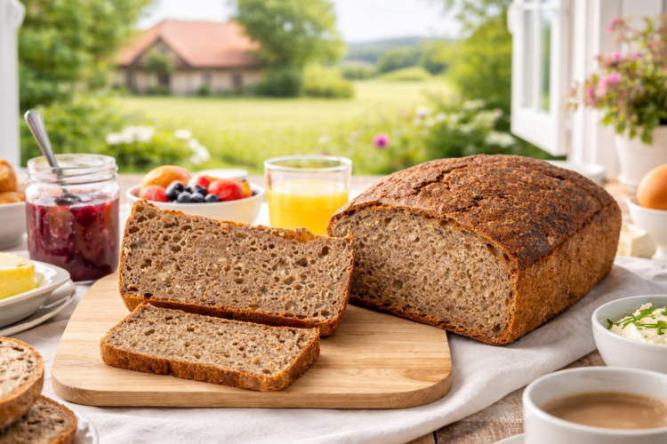 Modernes Frühstück im Landhaus: frisch geschnittenes Stefan´s Anti-Krebs-Brot (Vollkornbrot) auf Holzbrett, reich gedeckter Tisch und Blick ins Grüne durch das Fenster.